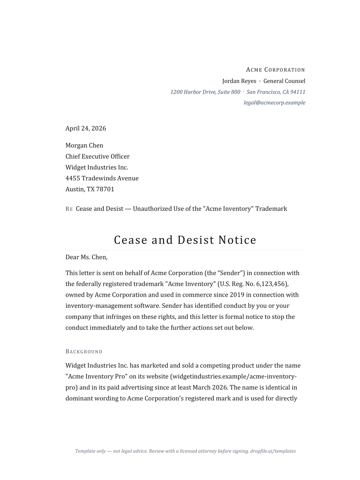 First page of the cease and desist letter template — letterhead, subject line, and opening clauses on a Cambria-set letter page