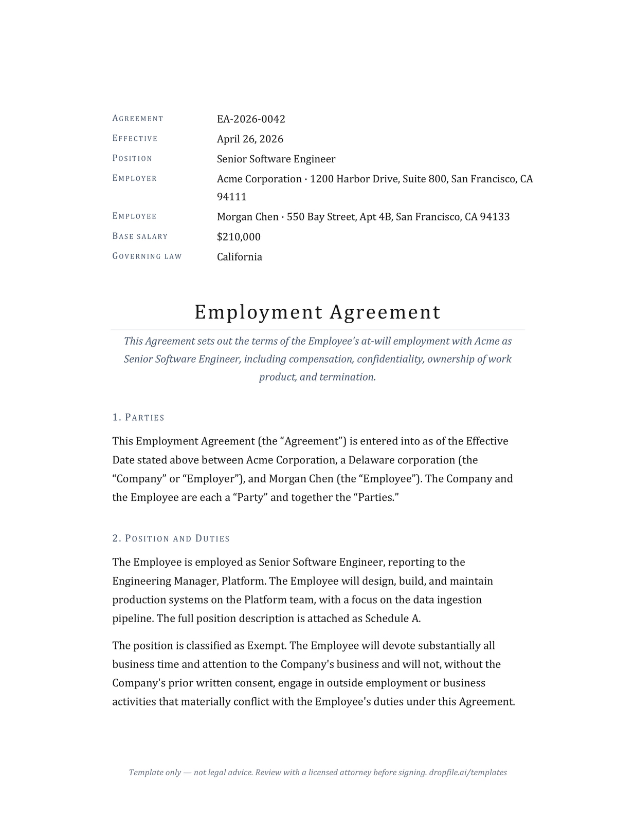 First page of the employment contract template — cover block, title, and parties section on a Cambria-set letter page