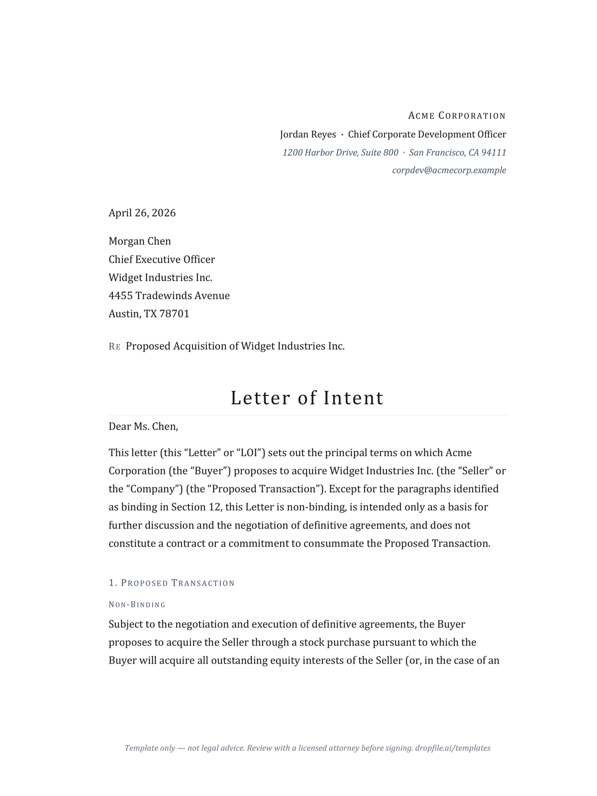 First page of the letter of intent template — buyer's letterhead, recipient block, and opening paragraph on a Cambria-set letter page
