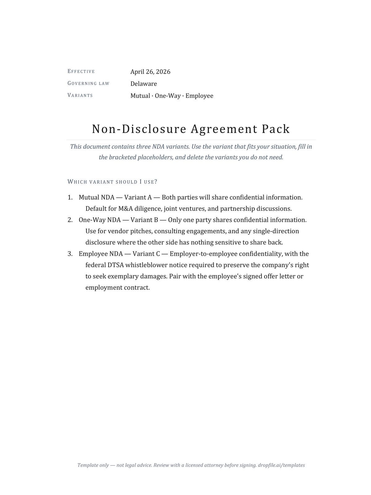 First page of the NDA template — cover block, title, and selector guide on a Cambria-set letter page