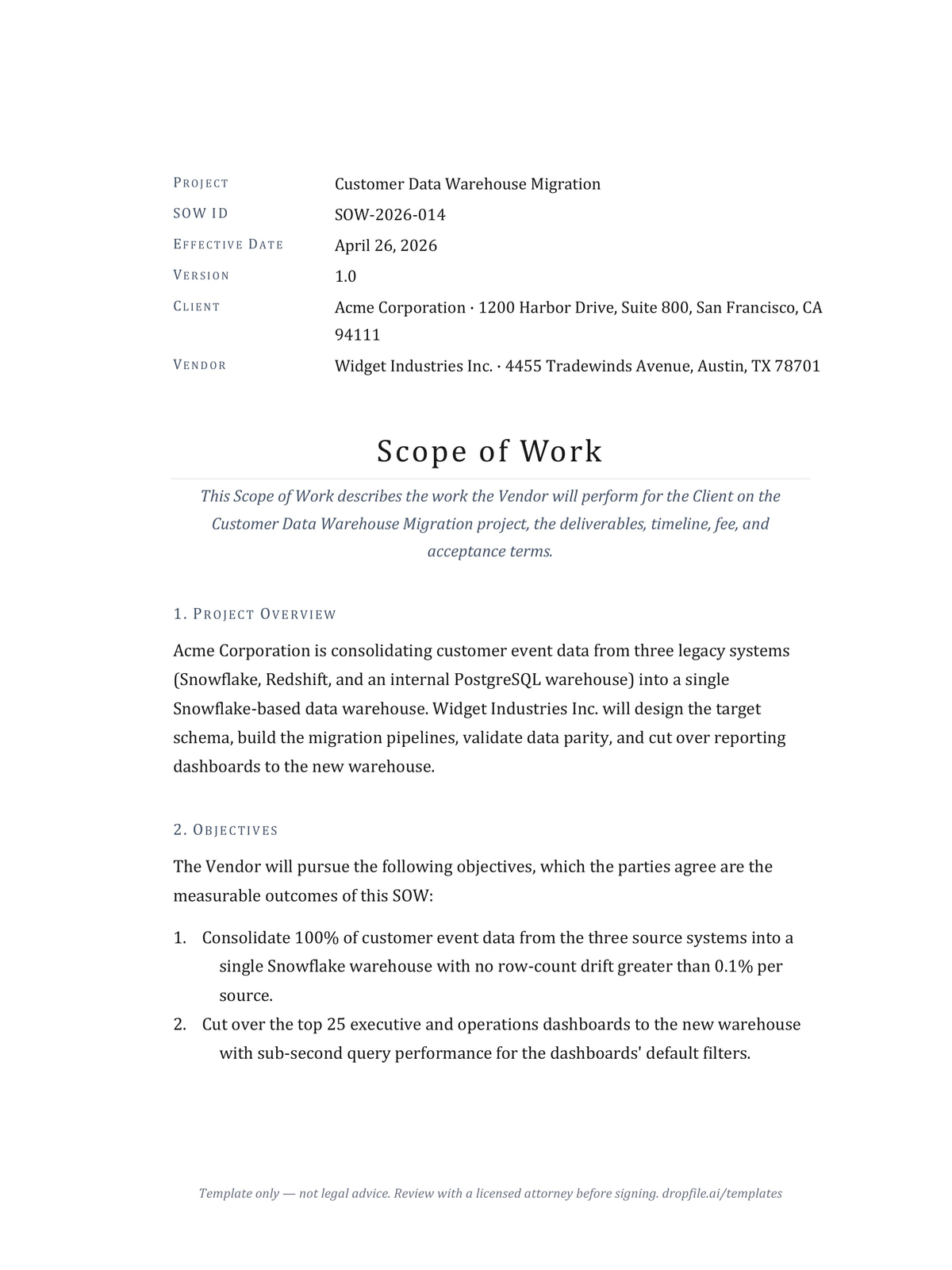 First page of the scope of work template — cover block, title, and opening sections on a Cambria-set letter page