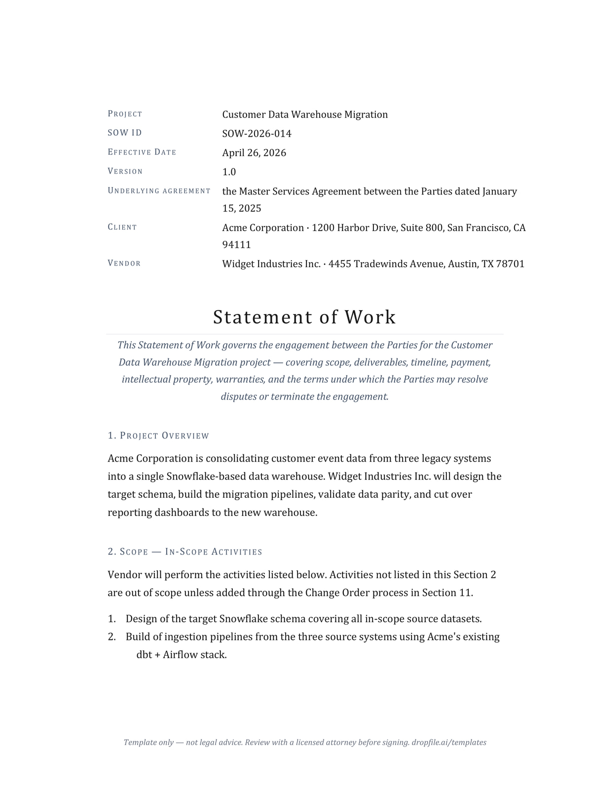 First page of the statement of work template — cover block with project, parties, and underlying agreement reference, on a Cambria-set letter page